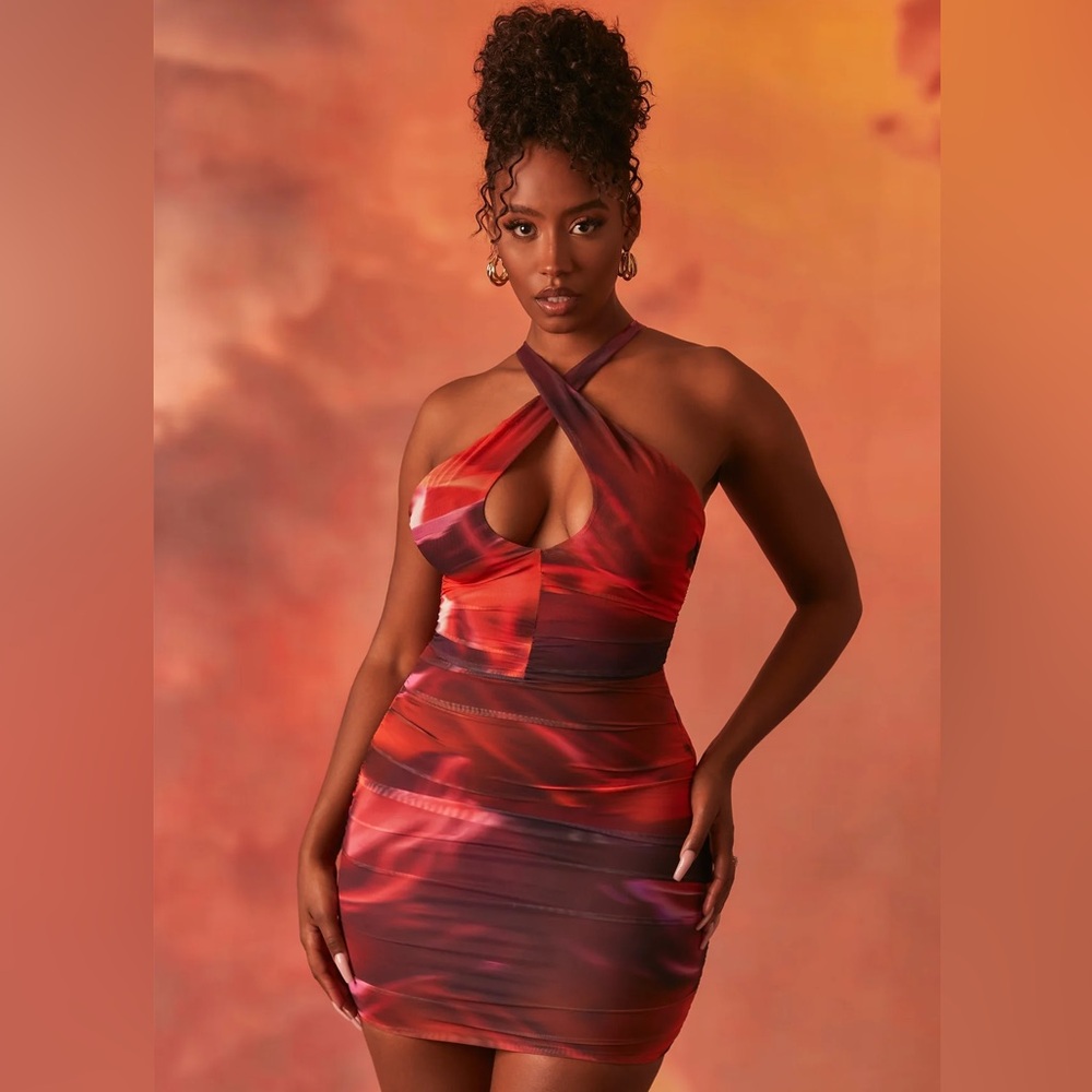 Crossover Ruched Mesh Mini Dress in Orange